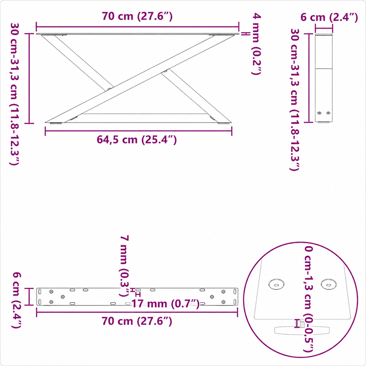 Pied Croisillon 70 x (30-31,3) cm